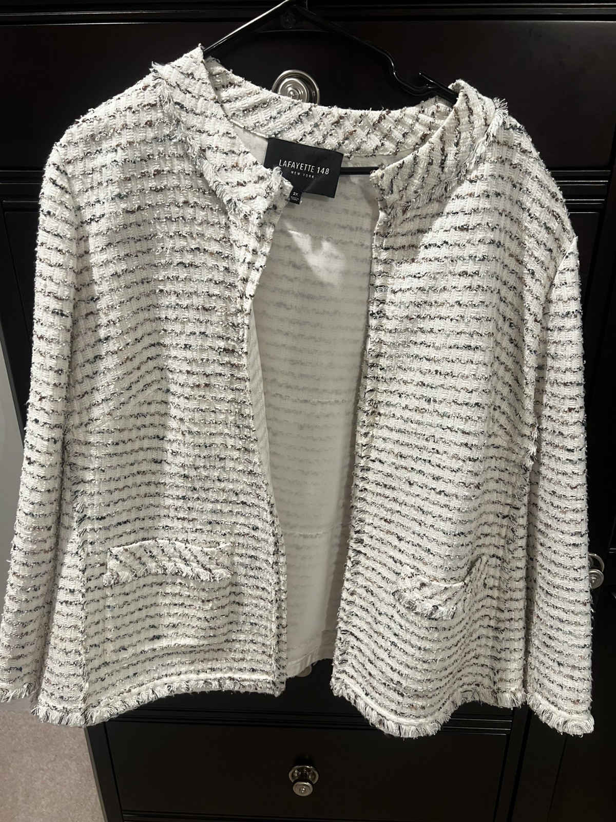 Lafayette 148 Boucle Tweed Fringe Jacket Womens Sz 2x White w/accent color