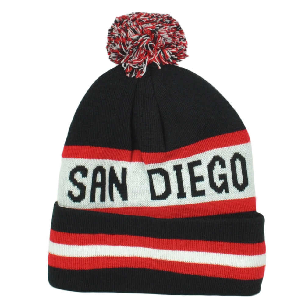 Top Level San Diego City USA Adult Black Pom Pom Cuffed Knit Beanie Hat Winter