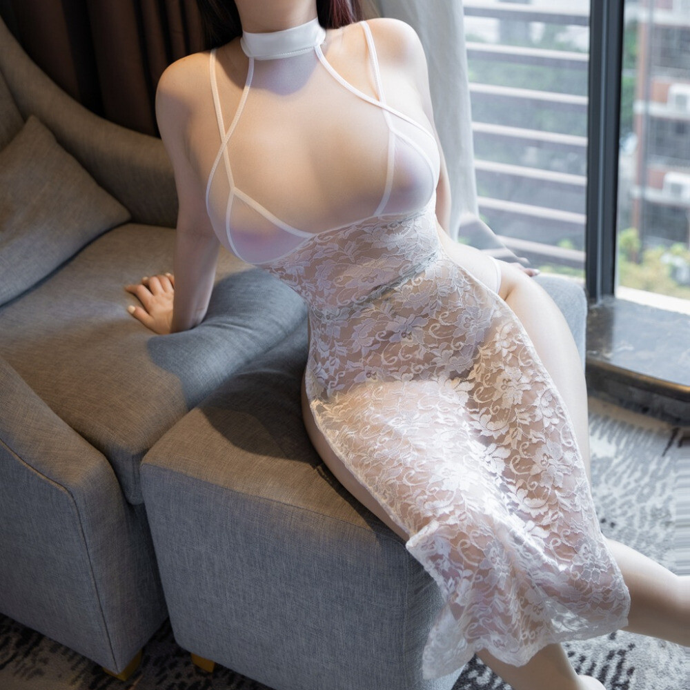 Ladies Slim Lace High Slit Dress Sexy Lingerie Halter Hollow Out Sheer Clubwear