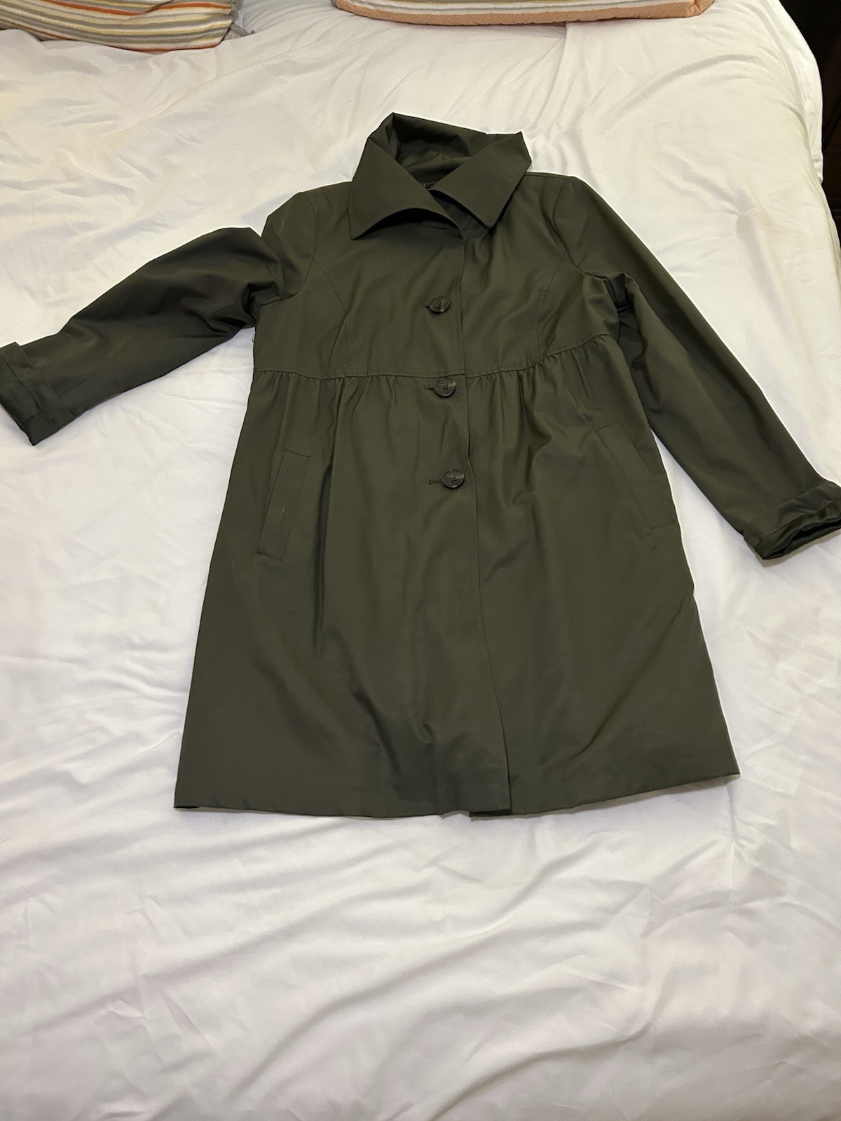 DKNY Womens L Olive Green Raincoat Lightweight Lined A Line Trench Coat