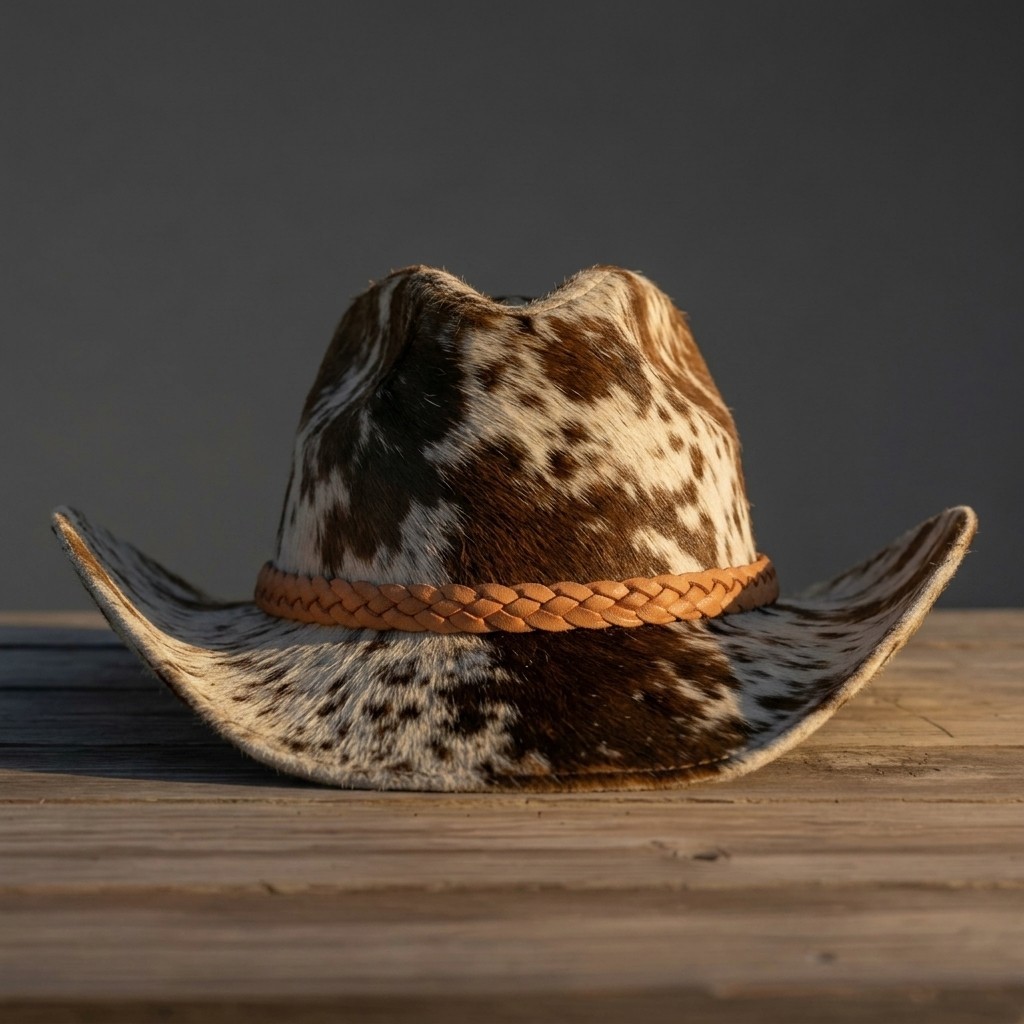Handmade Genuine Cowhide Leather Cowboy Hat Brown White Western Hair on Hide