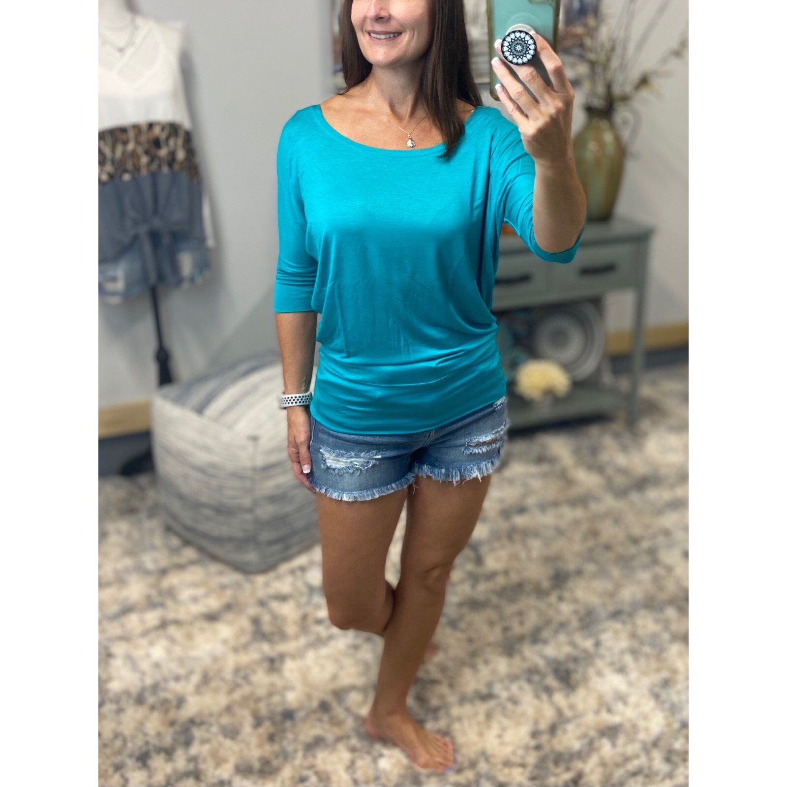 Sexy Dolman Wide Scoop Open Neck Batwing Blouse Top Shirt Teal S/M/L
