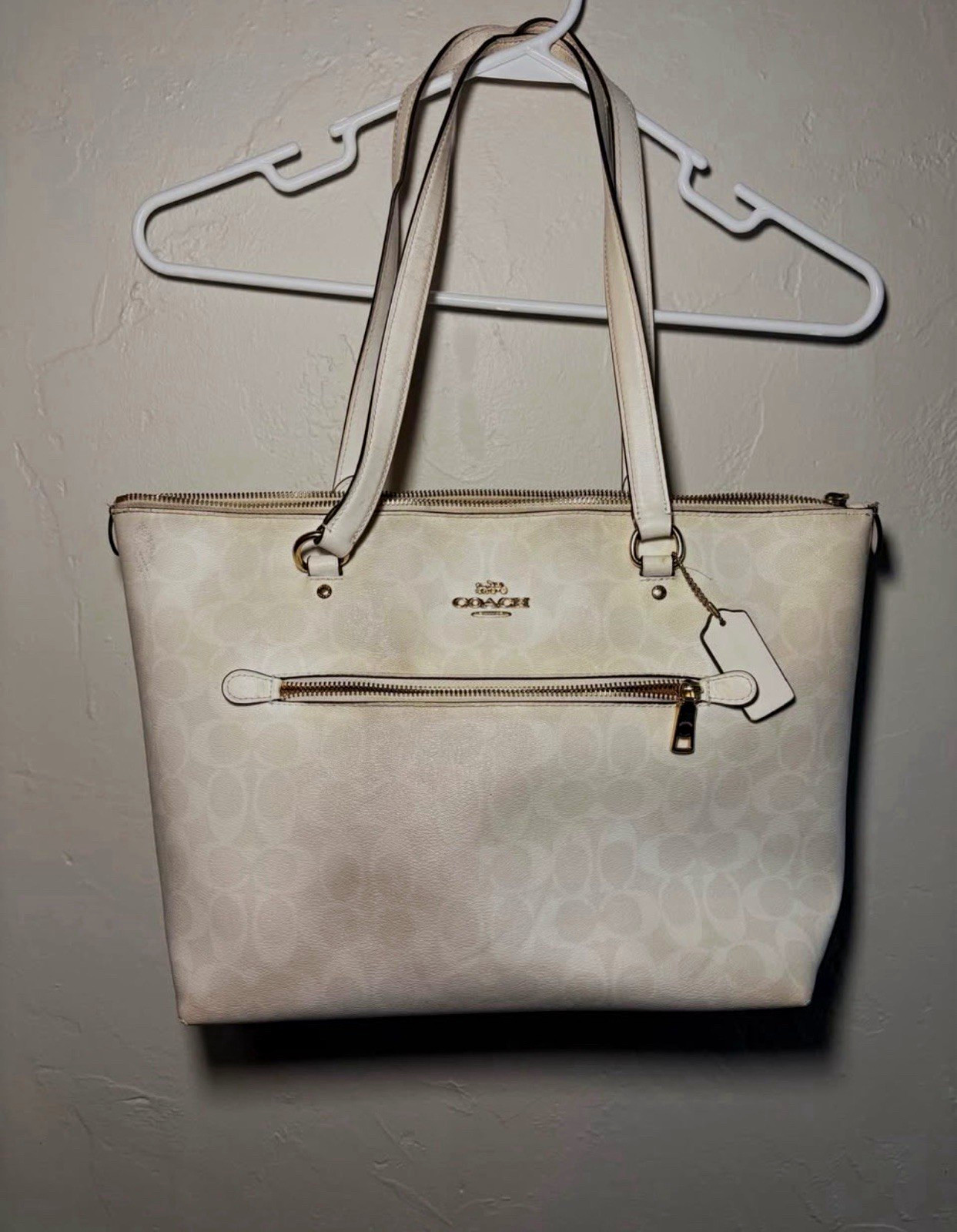 Coach Signature Canvas Zip Tote Shoulder Bag White Khaki Authentic