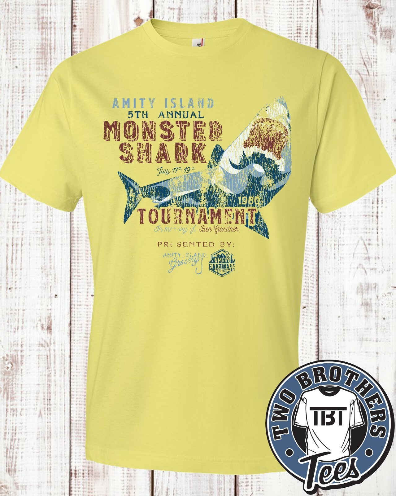 Amity Island distressed Monster Shark Tournament T Shirt fishing JAWS vintage
