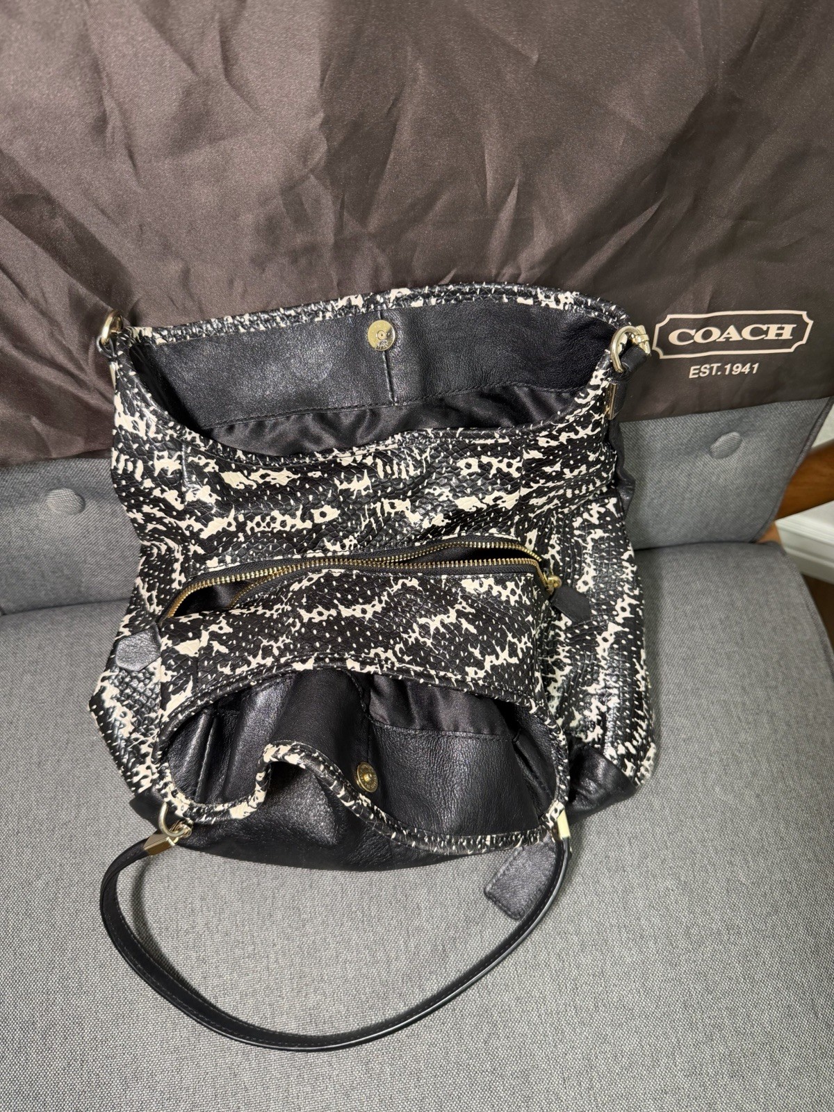Coach Madison Phoebe handbag featuring black leather sides & 2 tone python