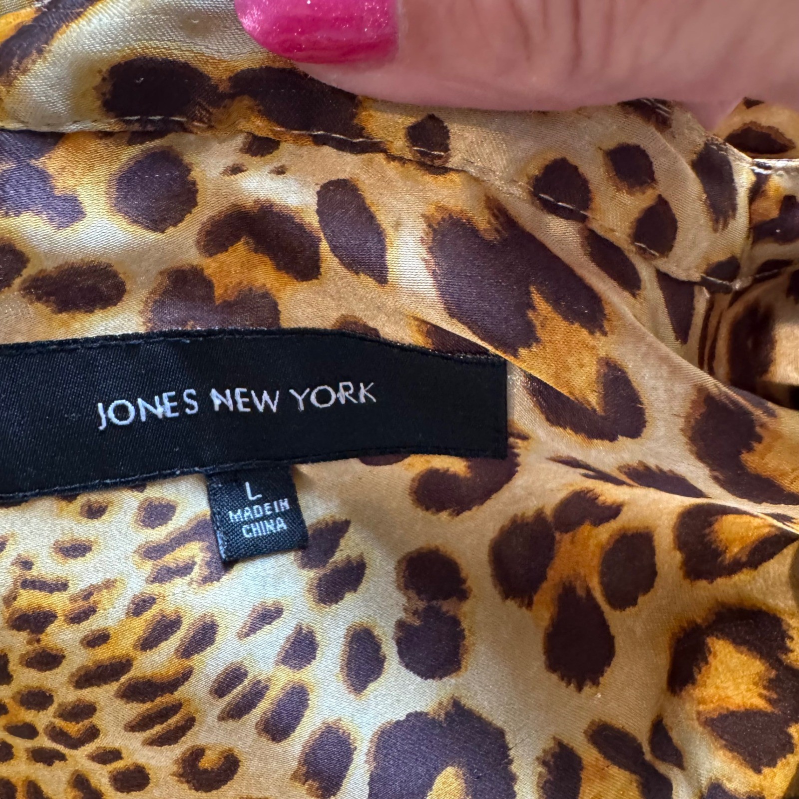 Jones New York Brown Leopard Print Blouse Split Neck Chic | Size Large