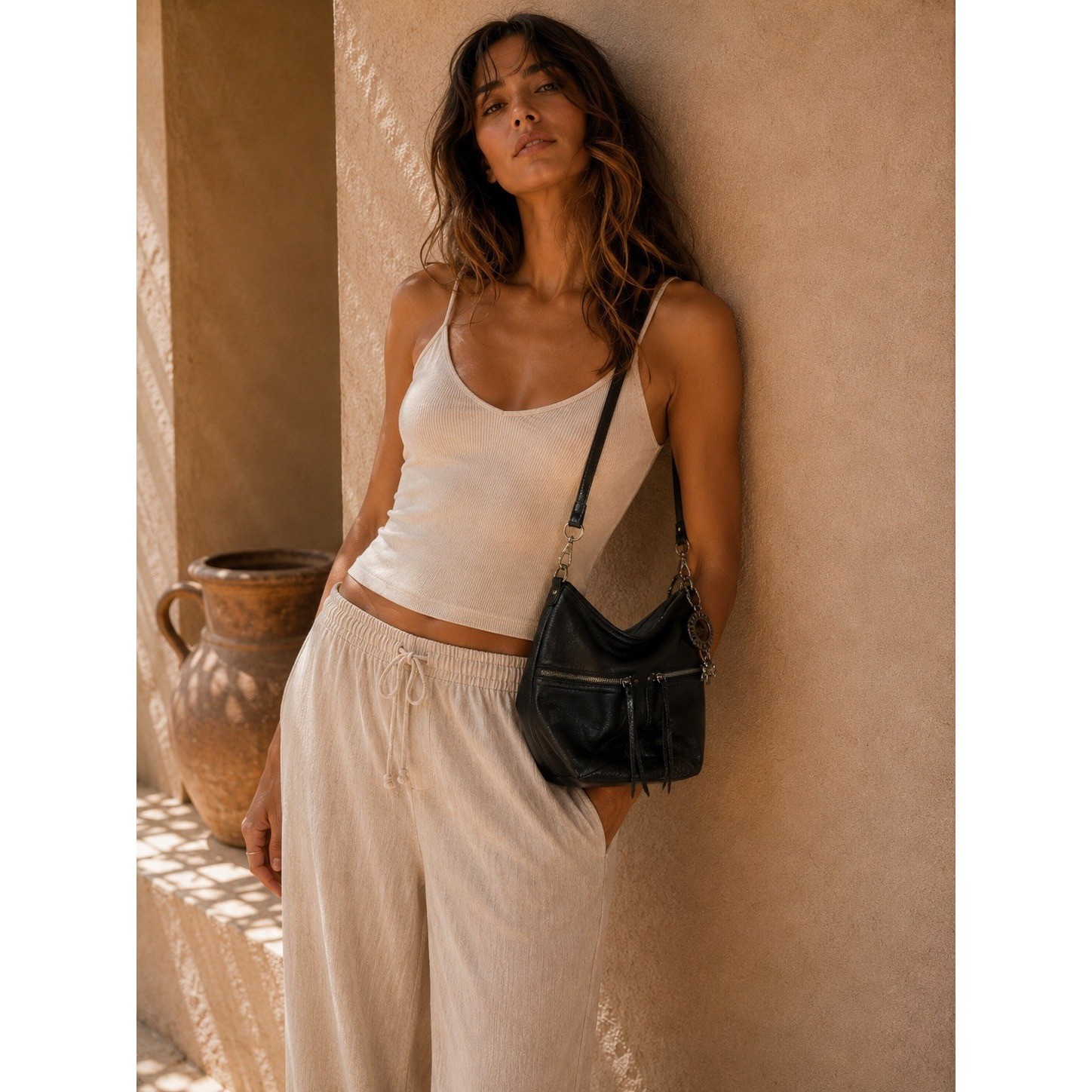 The Sak Black Pebbled Leather Crossbody Hobo Bag Silver Logo Charms Zip Pocket