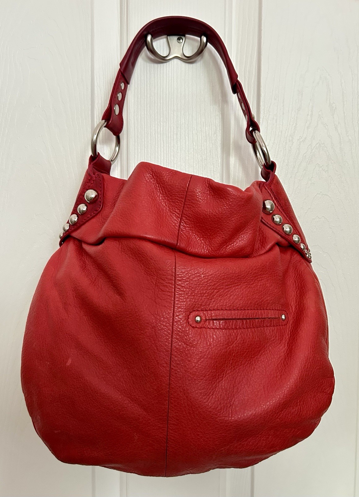 B. Makowsky Red Pebbled Studded Large Hobo Crescent Bag Detachable Strap