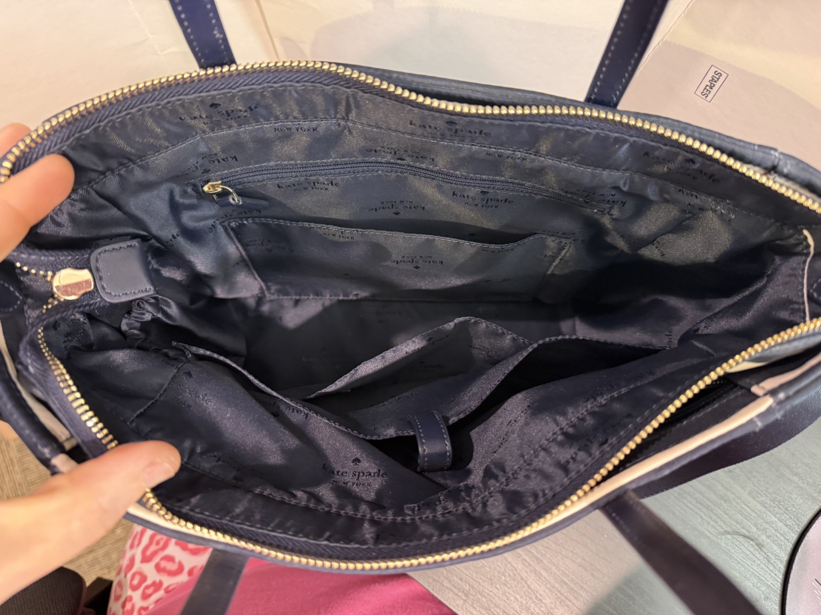 kate spade purse navy blue with white stripes gold hardware 10Wx8.5H