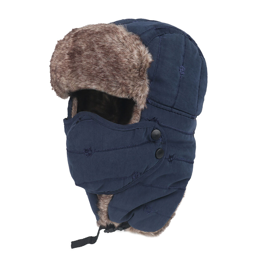 Winter Ski Hat with Ear Flap Removable Face Mask Windproof Faux Fur Hunting Hat