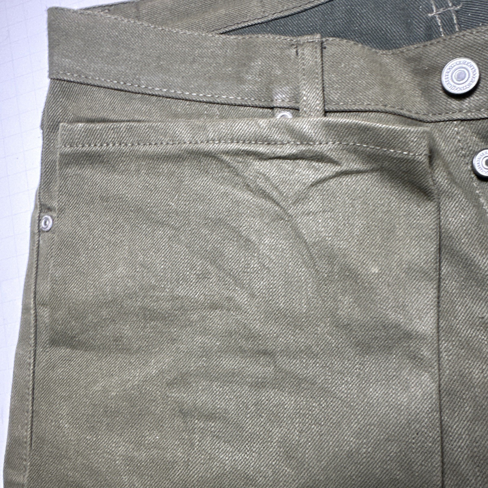 Gustin Mens Slim Fit Raw Selvedge Jeans Olive Green Size 34 x34 Made n USA Denim