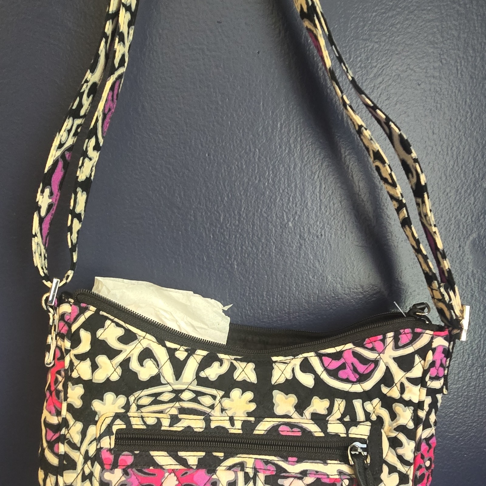 Vera Bradley Quilted Floral Shoulder Bag Black Beige Pink Zip Closure Lined