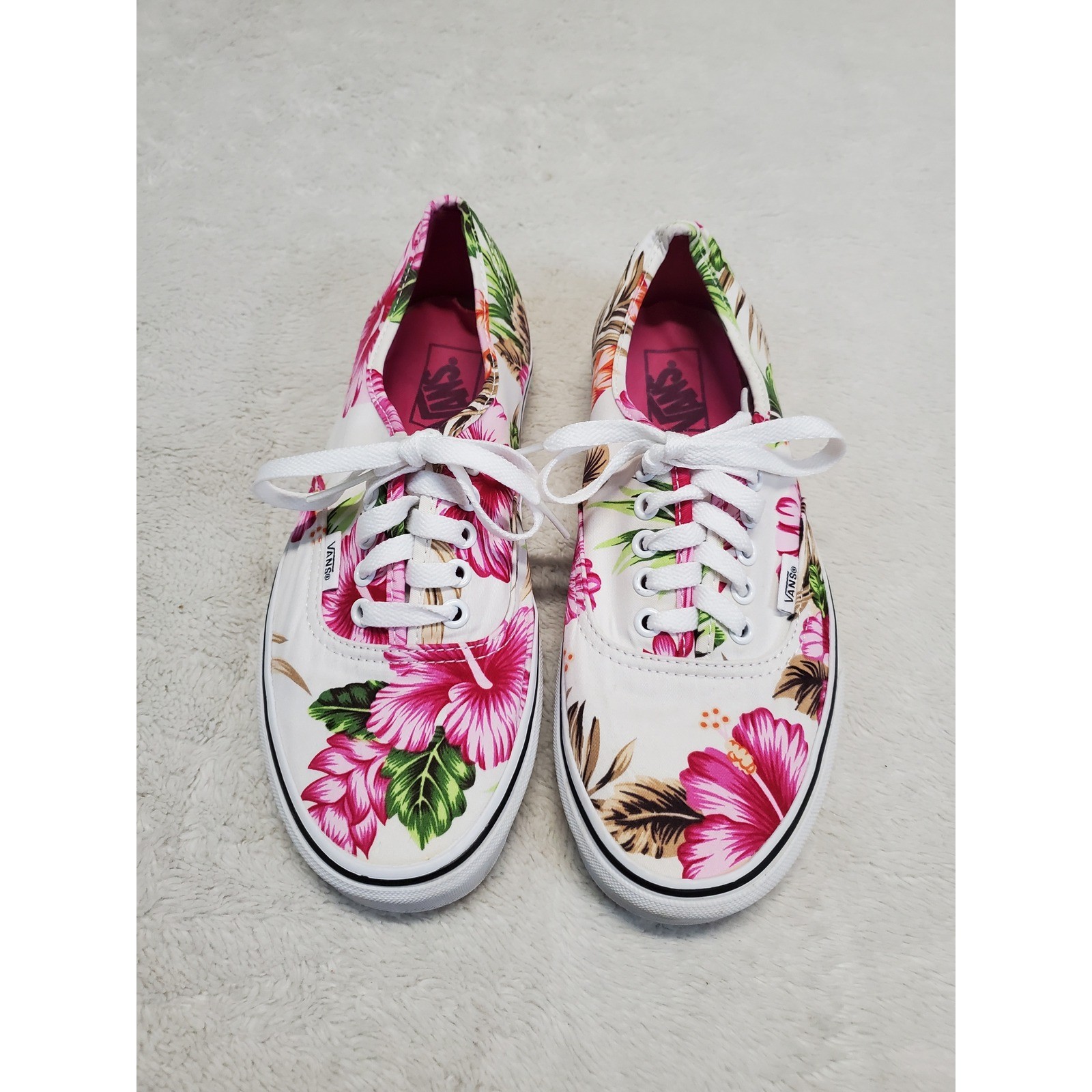 Vans White Pink Tropical Hawaiian Floral Shoes Sneakers Unisex Men 8 Women 9.5