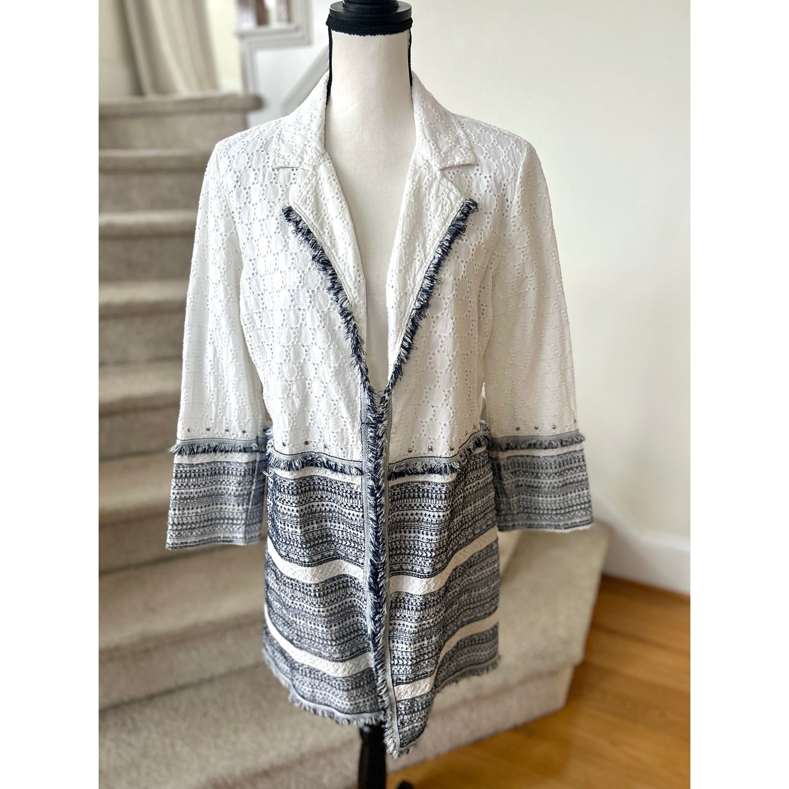 NWT Chico’s Long Line White Eyelet & Blue Beaded Embroidered Jacket