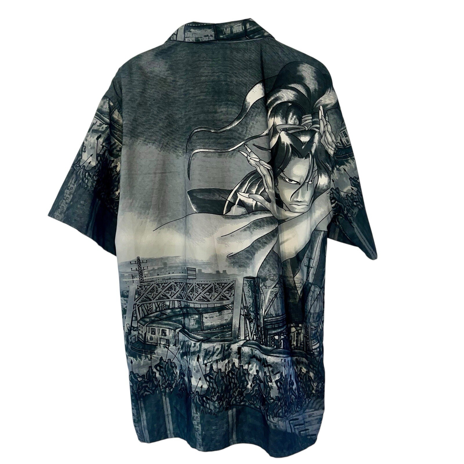 Vtg R-WORLD Japanese Samurai Anime All Over Print Graphic Button Up Shirt Sz LG