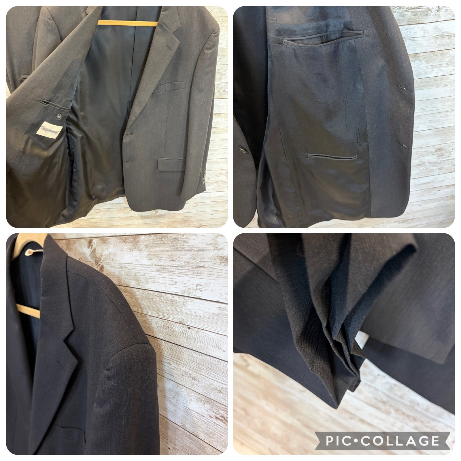 Vtg Pronto Uomo Mens 46R Suit 100% Wool Black 2 Button Ventless Pleated 41×27.5