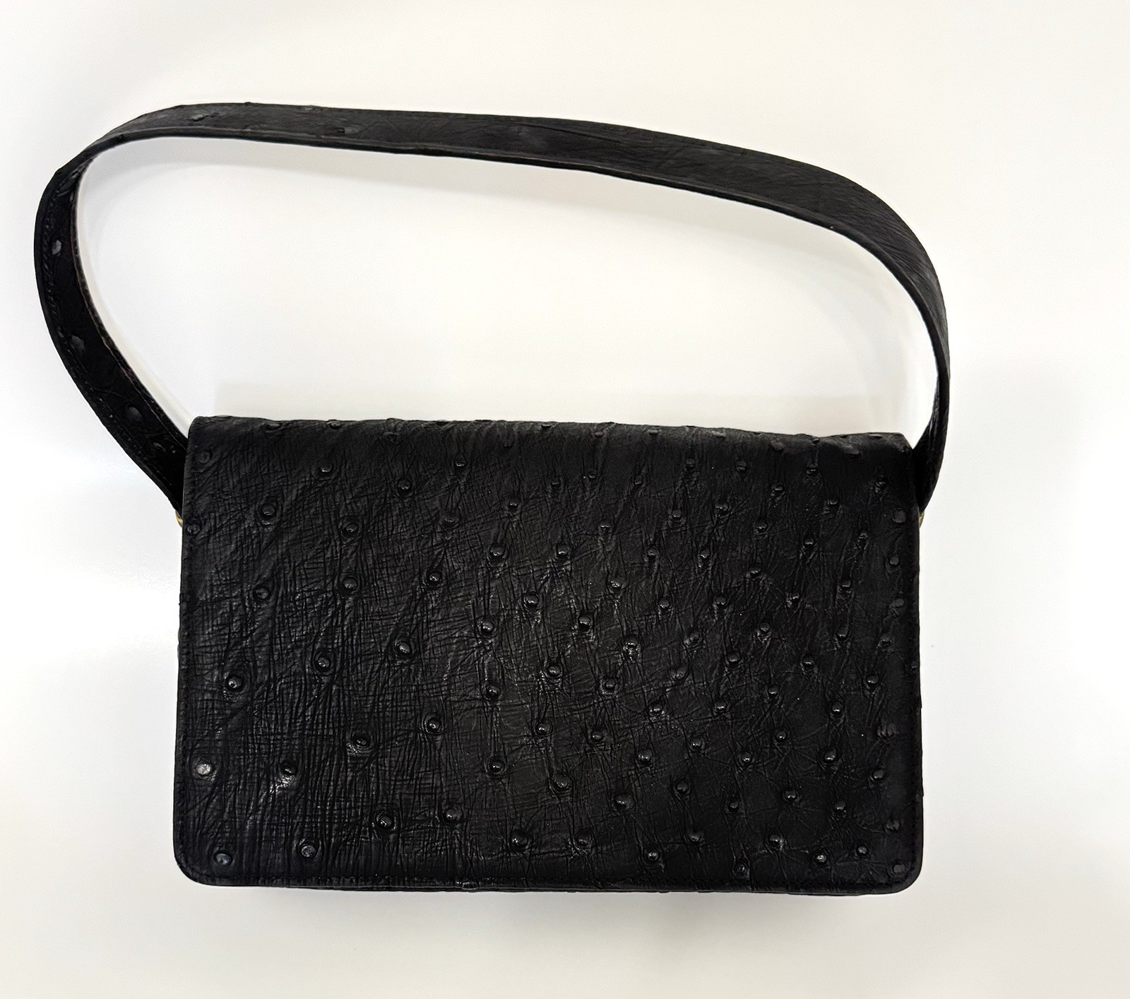 Vintage 1960s Genuine Ostrich Leather Flap Shoulder Bag Black – Mint Condition