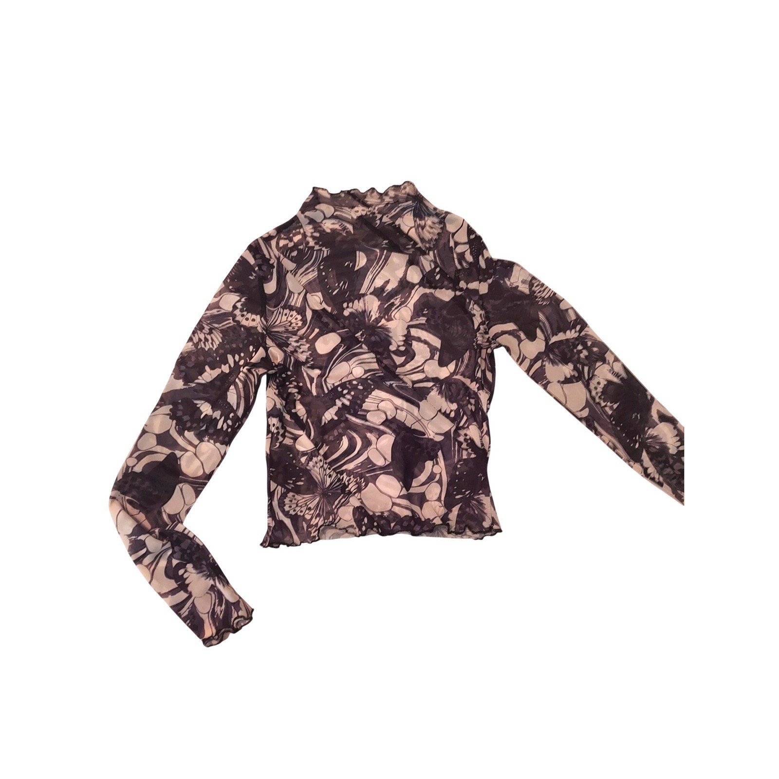 Garage Butterfly Y2K Print Mesh Mock Neck Long Sleeve Top Black White Small