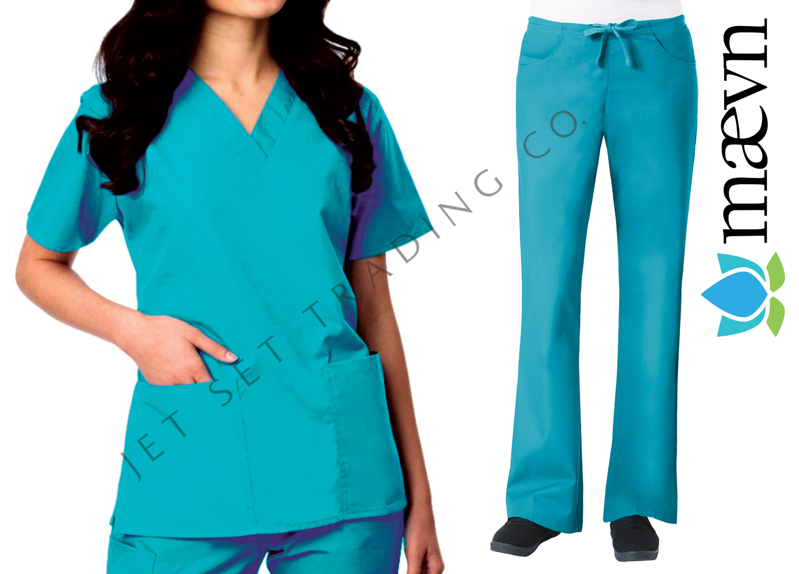 Maevn Women’s Teal Scrub Set 2 Pocket Top Flare Leg Pants Sizes 2XS to 2XL