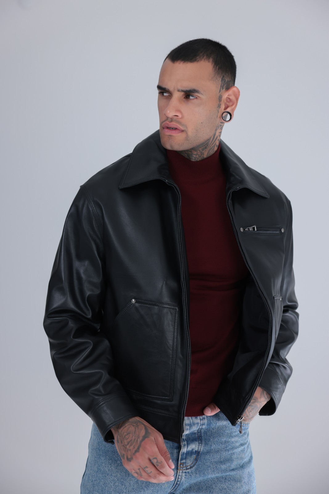 Men’s Genuine Leather Cafe Racer Jacket Black Zip Point Collar 25″ – 65cm