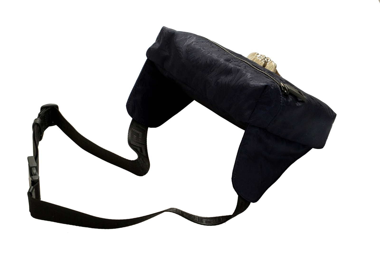 Versace Navy Heritage Print Silver Medusa Fabric & Leather Belt Fanny Pack Bag