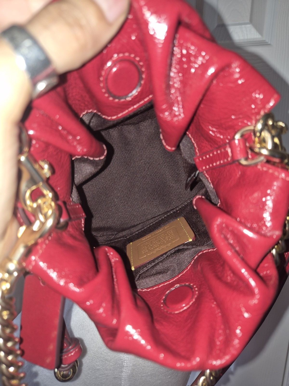 Coach Faye Mini Drawstring Bag In Crinkle Leather/Gold/Dark Cardinal CDB68 NWT