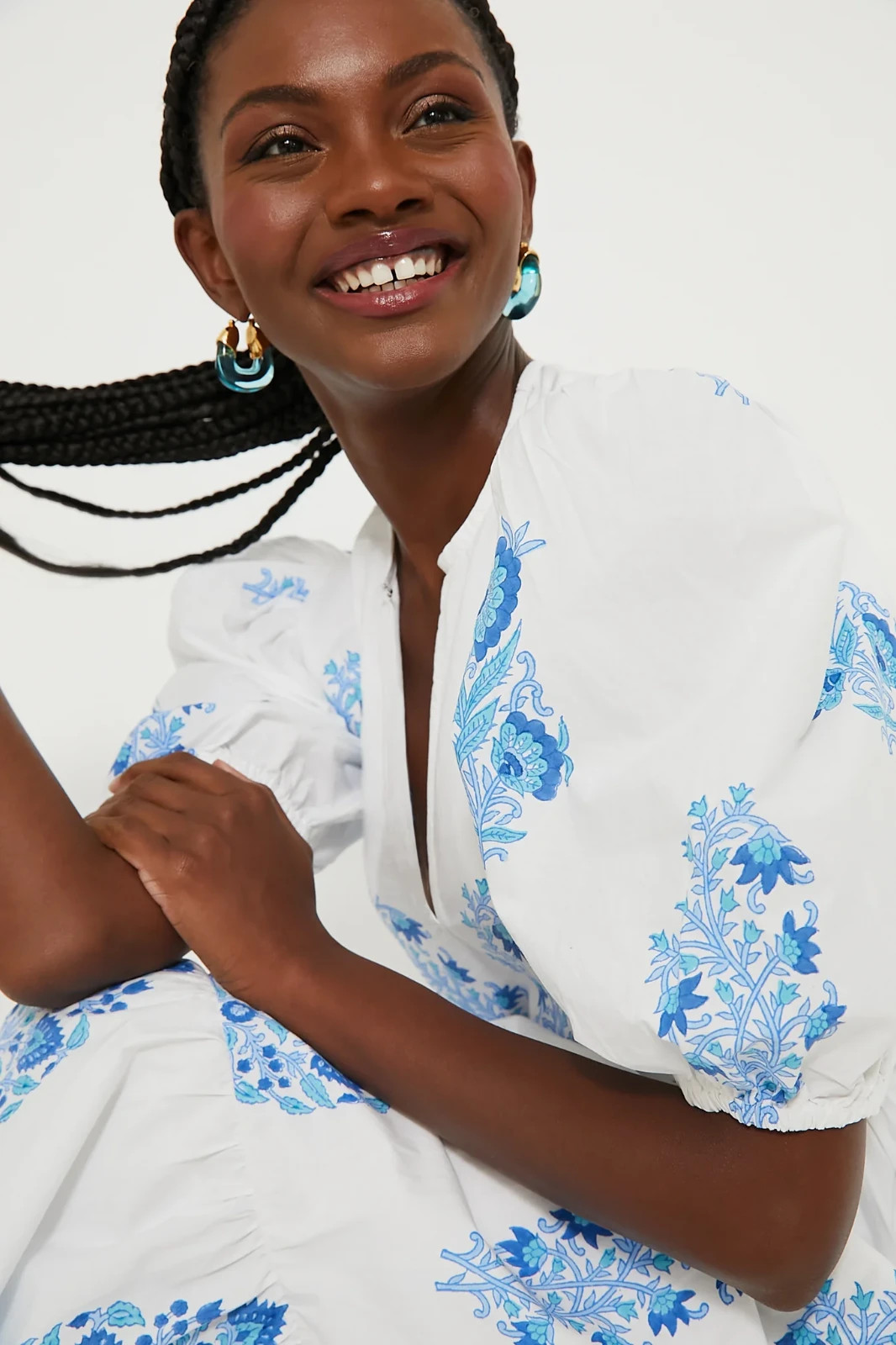NWT Oliphant Puff Sleeve Maxi in Laguna Blue Floral Cotton Dress L $328