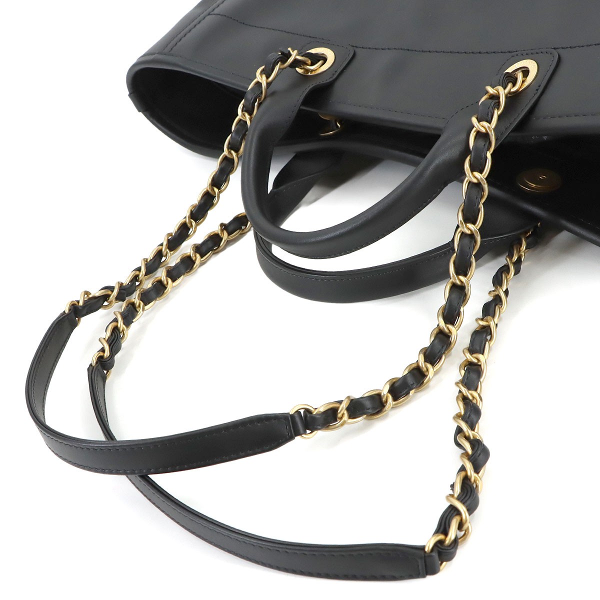 CHANEL Deauville GM Tote Chain Shoulder Bag Leather Black Purse 90322242
