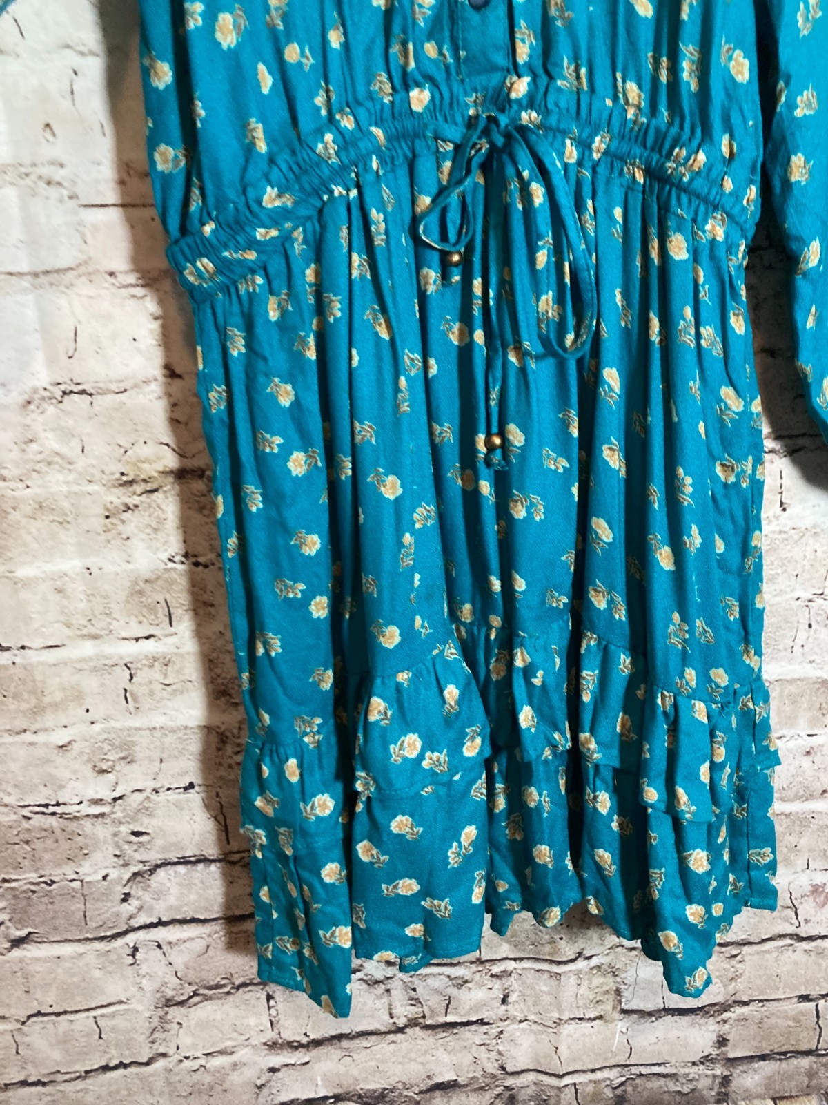 Angie Boho Dress Womens Medium Dark Teal Ditsy Floral Balloon Sleeve Hippie