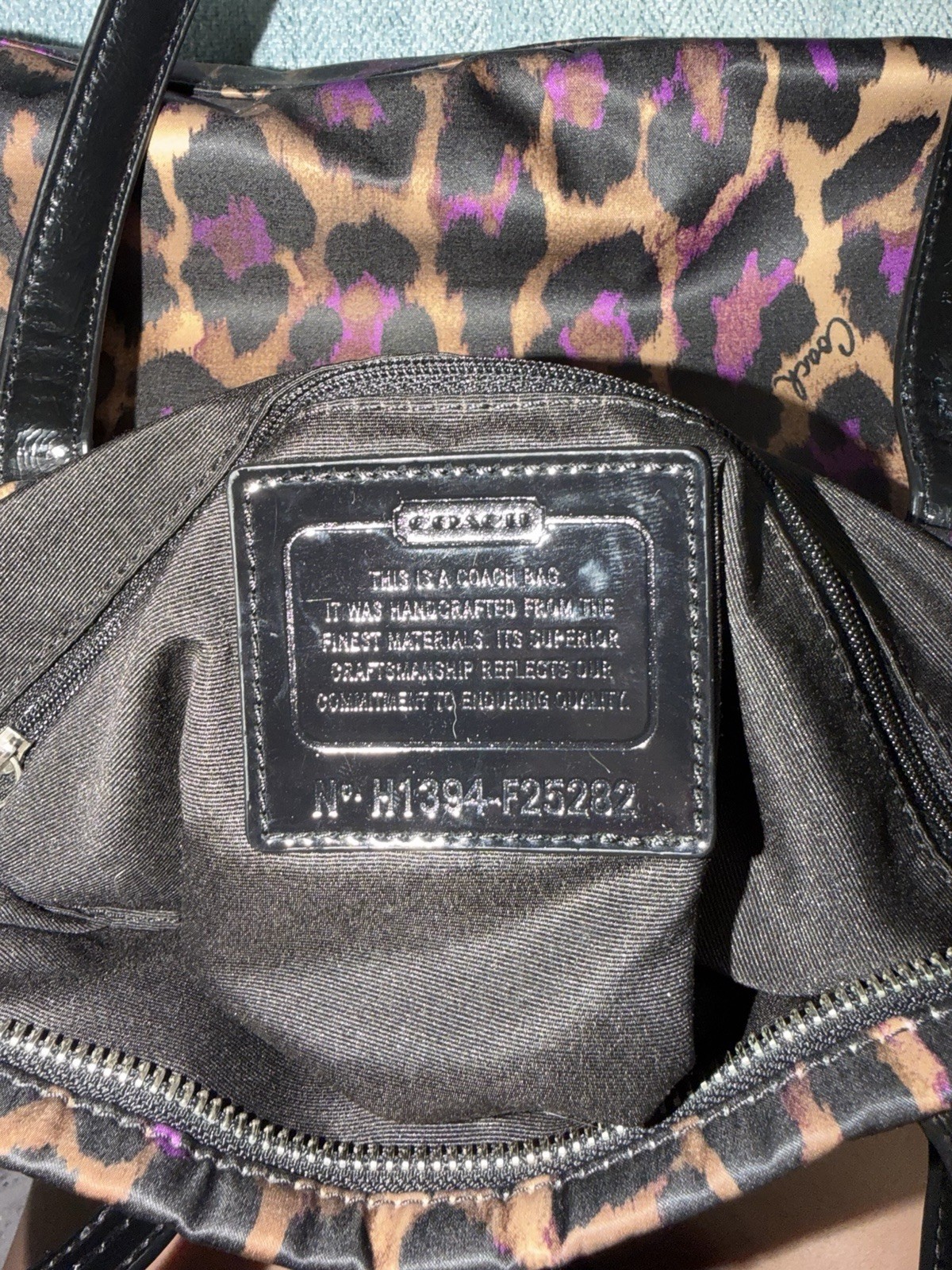 Coach Signature Ocelot Leopard Print Tote F25282 – Black/Purple/Brown Sateen