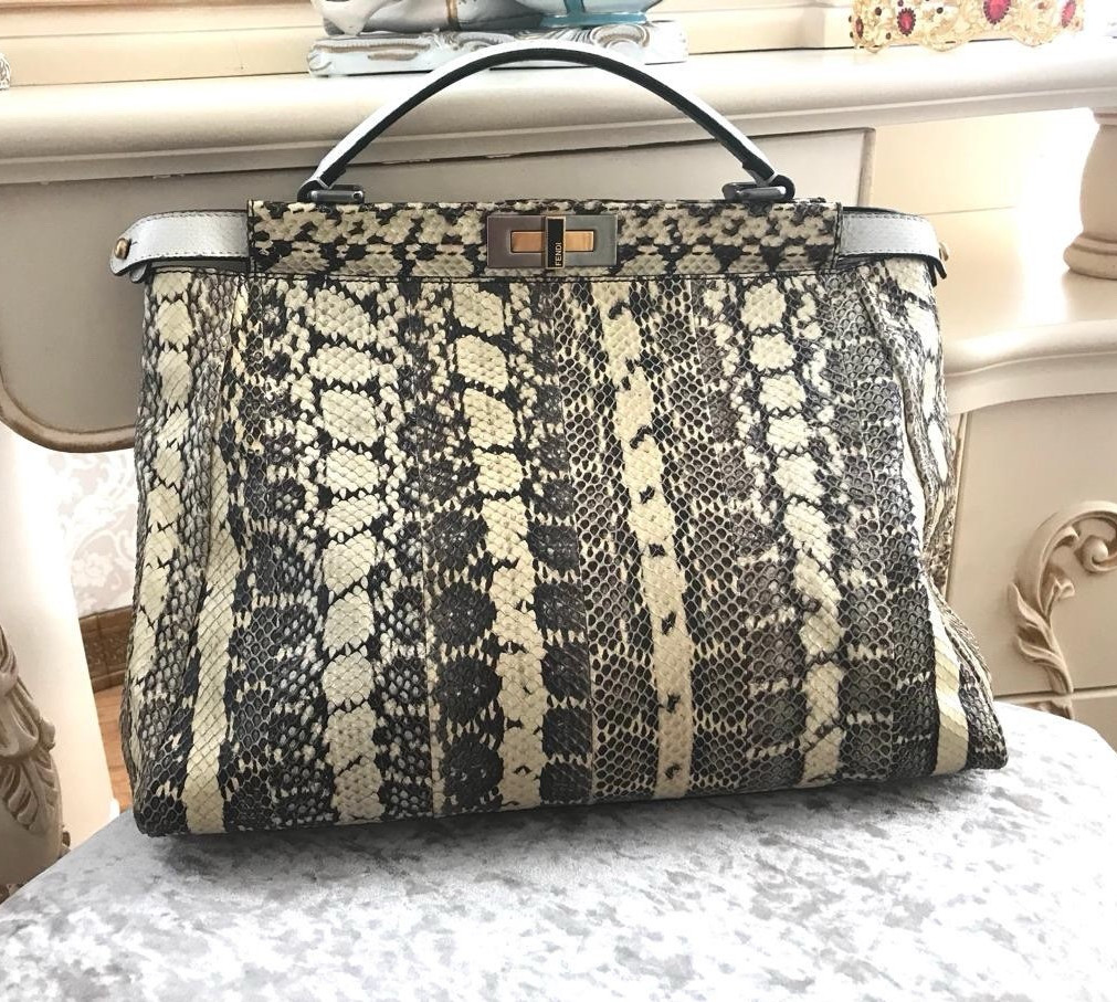 Fendi Animal Print Satchel Top Handle Bag Turn Lock Zip Beige/Black Gold/Silver