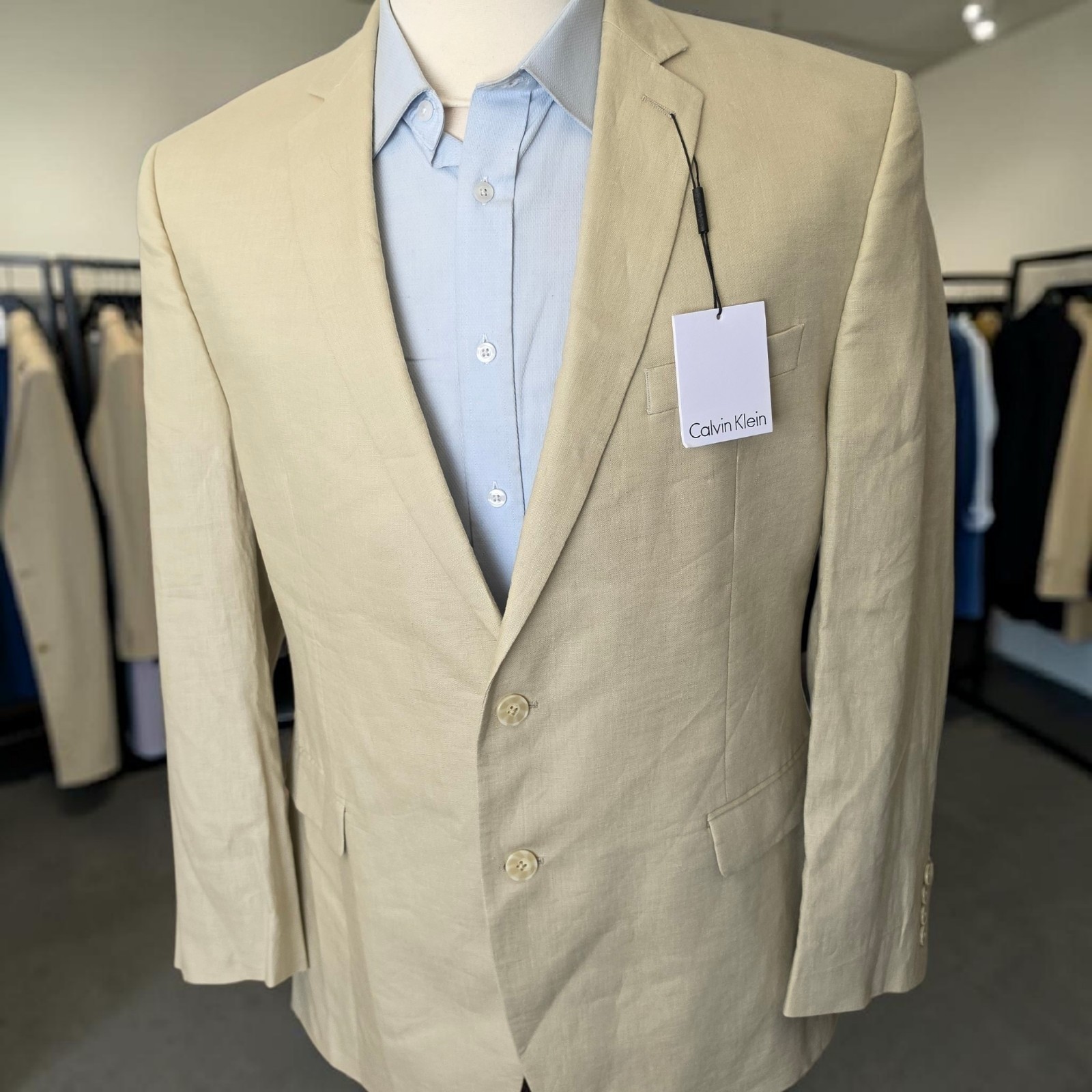 New Calvin Klein Linen Blazer 42r Dual Vent Beige