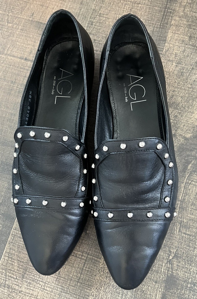 AGL Shoes Womens Black Leather Loafers Pointed Toe Slip On Casual Italy US 8