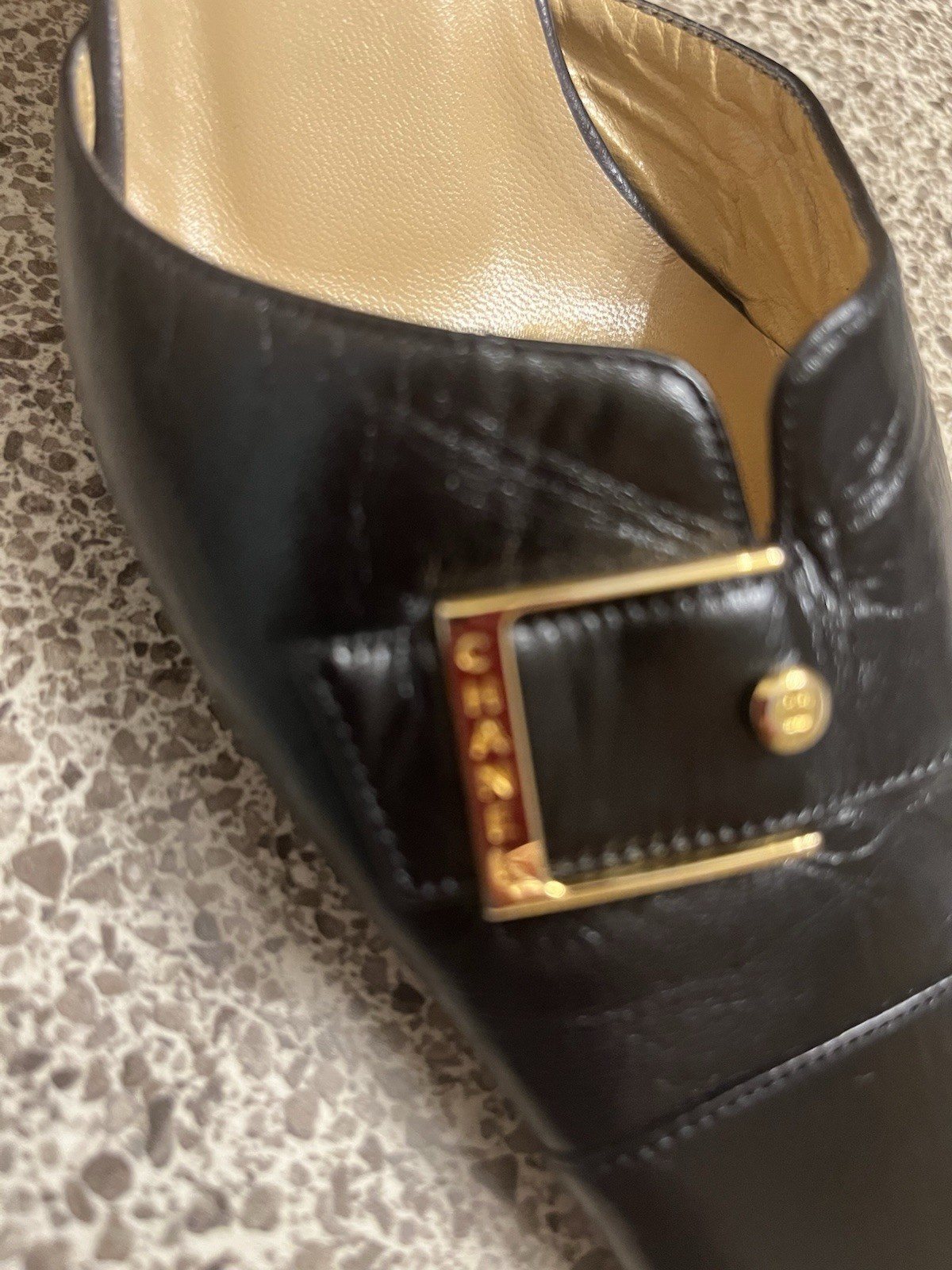 Vtg Chanel Black Leather Logo Buckle Mule Heels 35 1/2