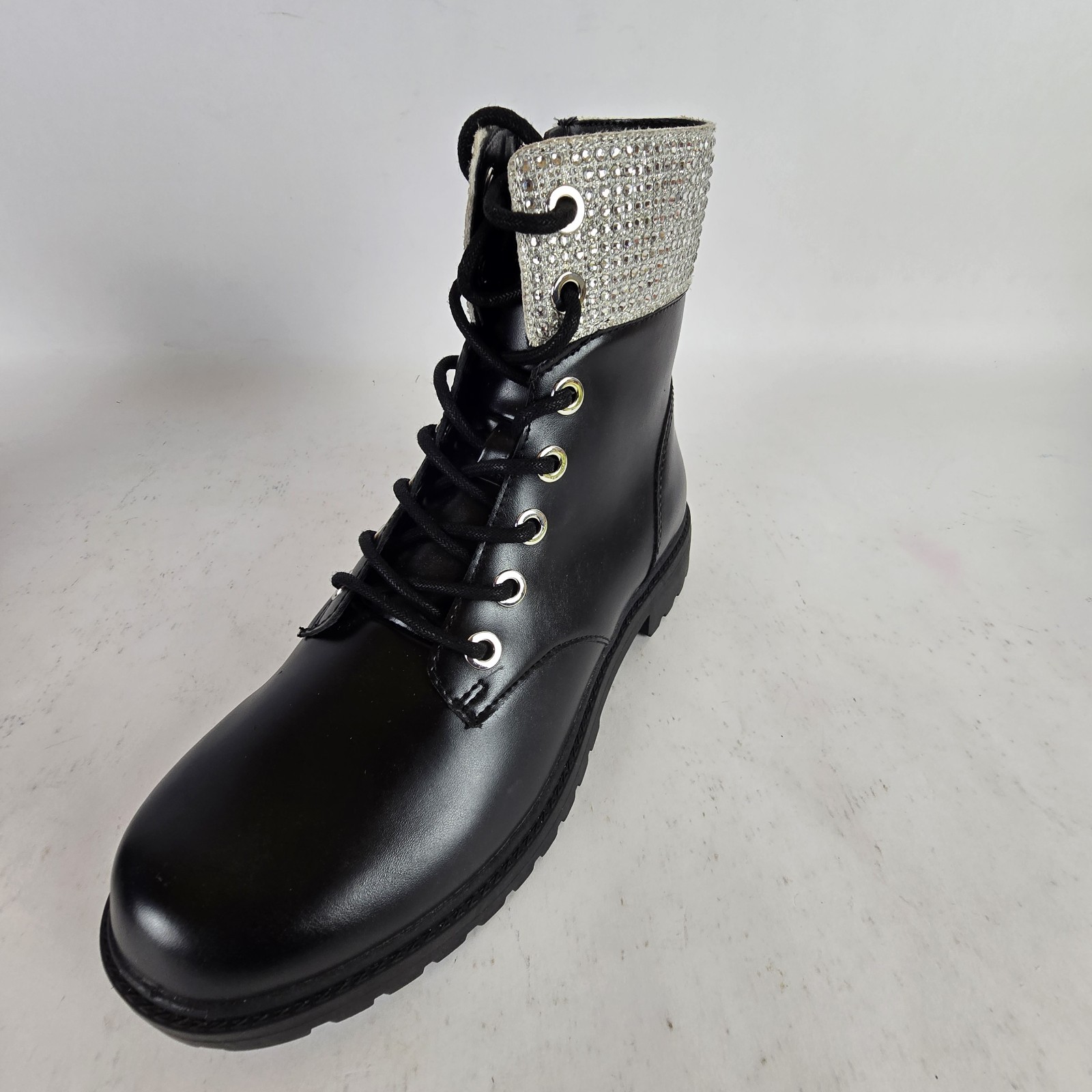 MK Michael Kors Alistair Glitter Combat Boot Black Bling 6M Zipper and Lace Up