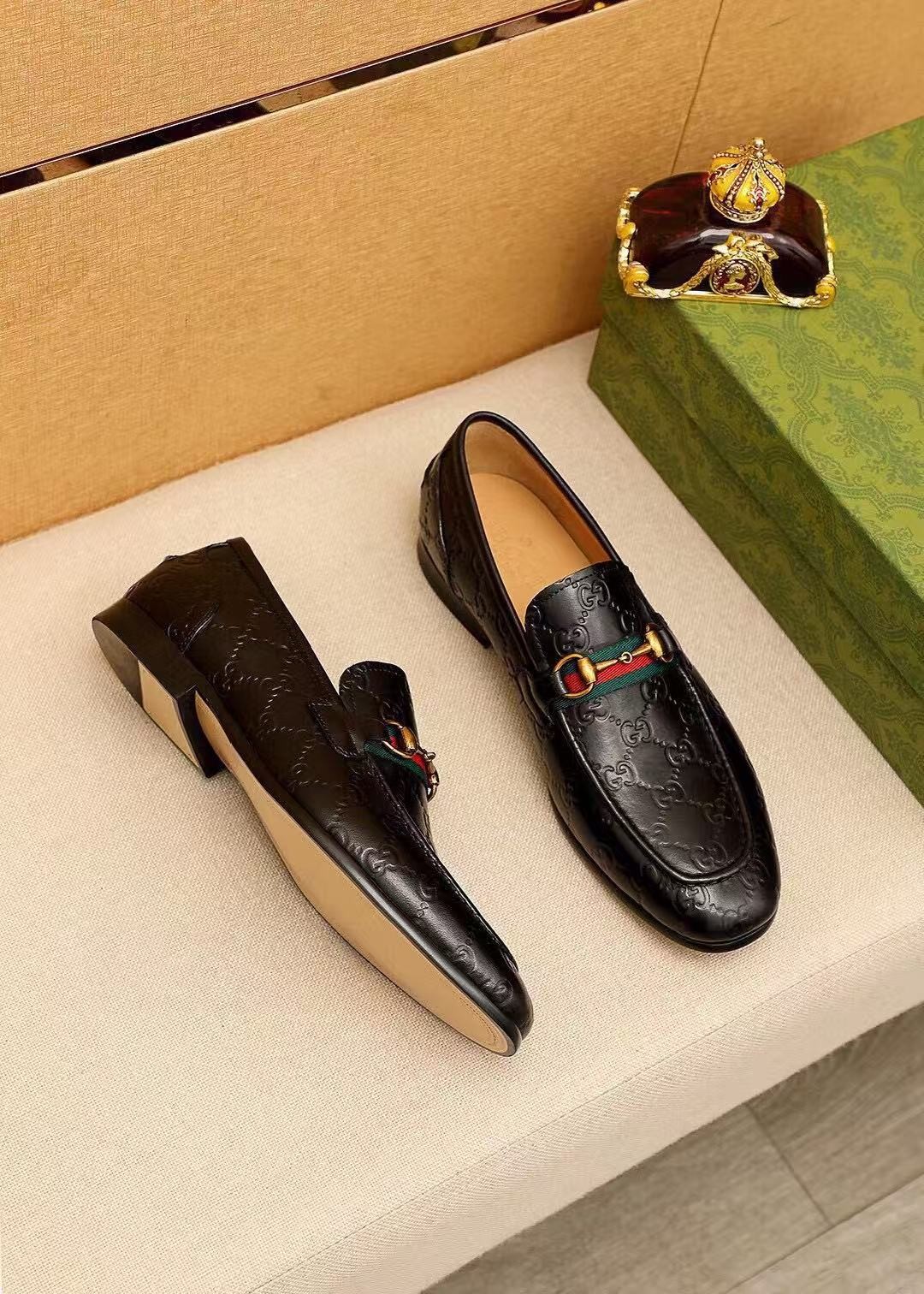 Gucci Men’s Horsebit Web GG Loafers Black Leather Slip On Dress Shoes