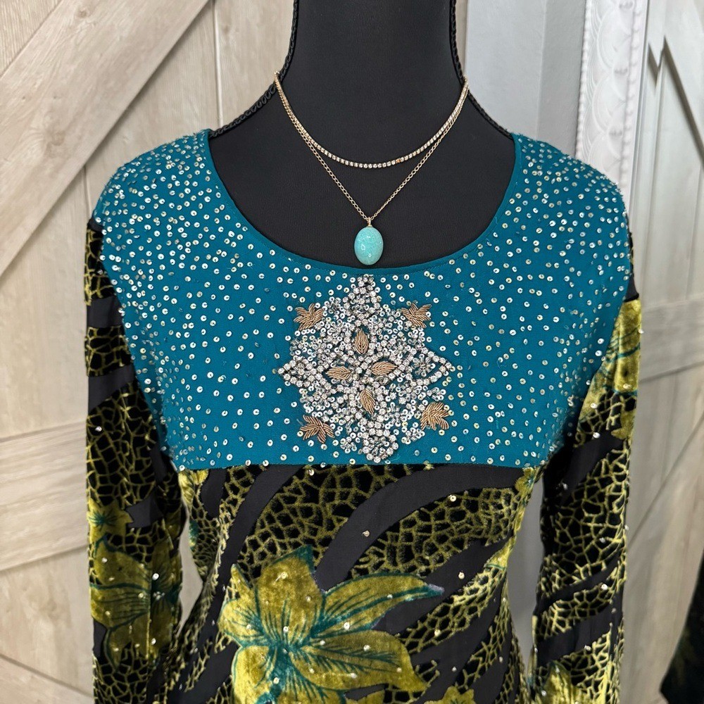 Fairy Core Teal and Black Velour Beaded Tunic