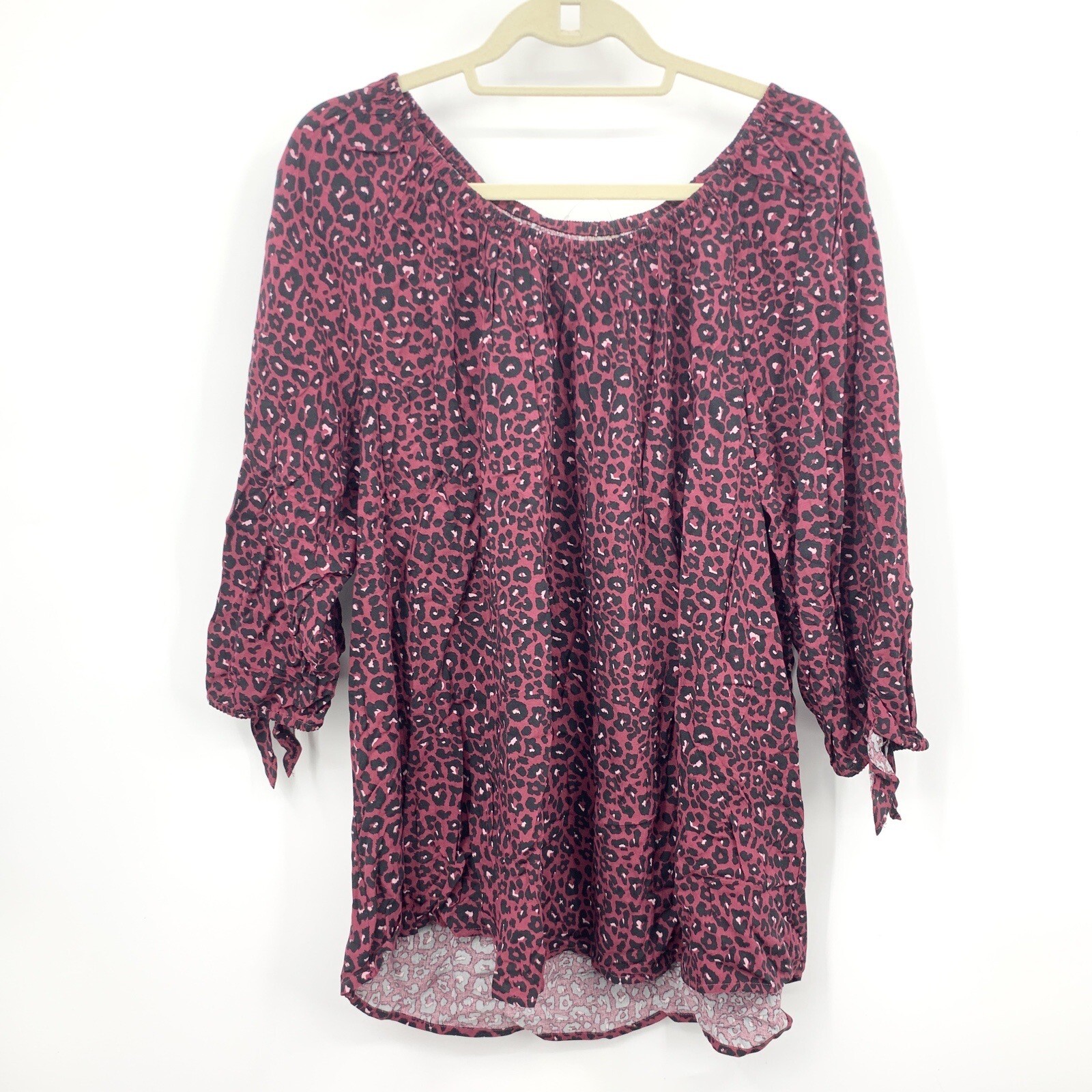 Brina & Em Women Size 1X Blouse 3/4 Sleeve Top Maroon Red Black Leopard Print