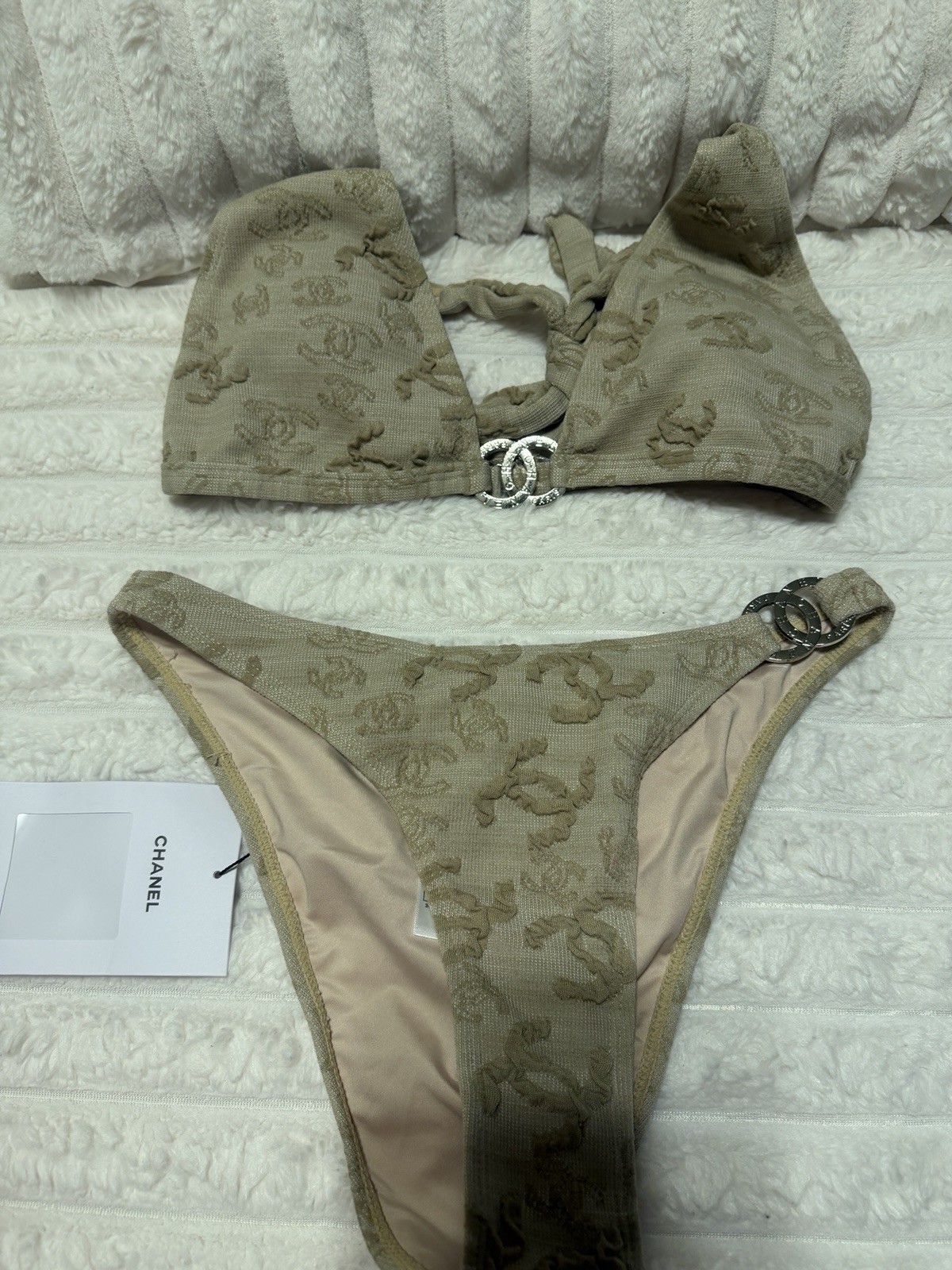 CHANEL Logo 2-Piece Beige Bikini Set Triangle Top, Bikini Bottom