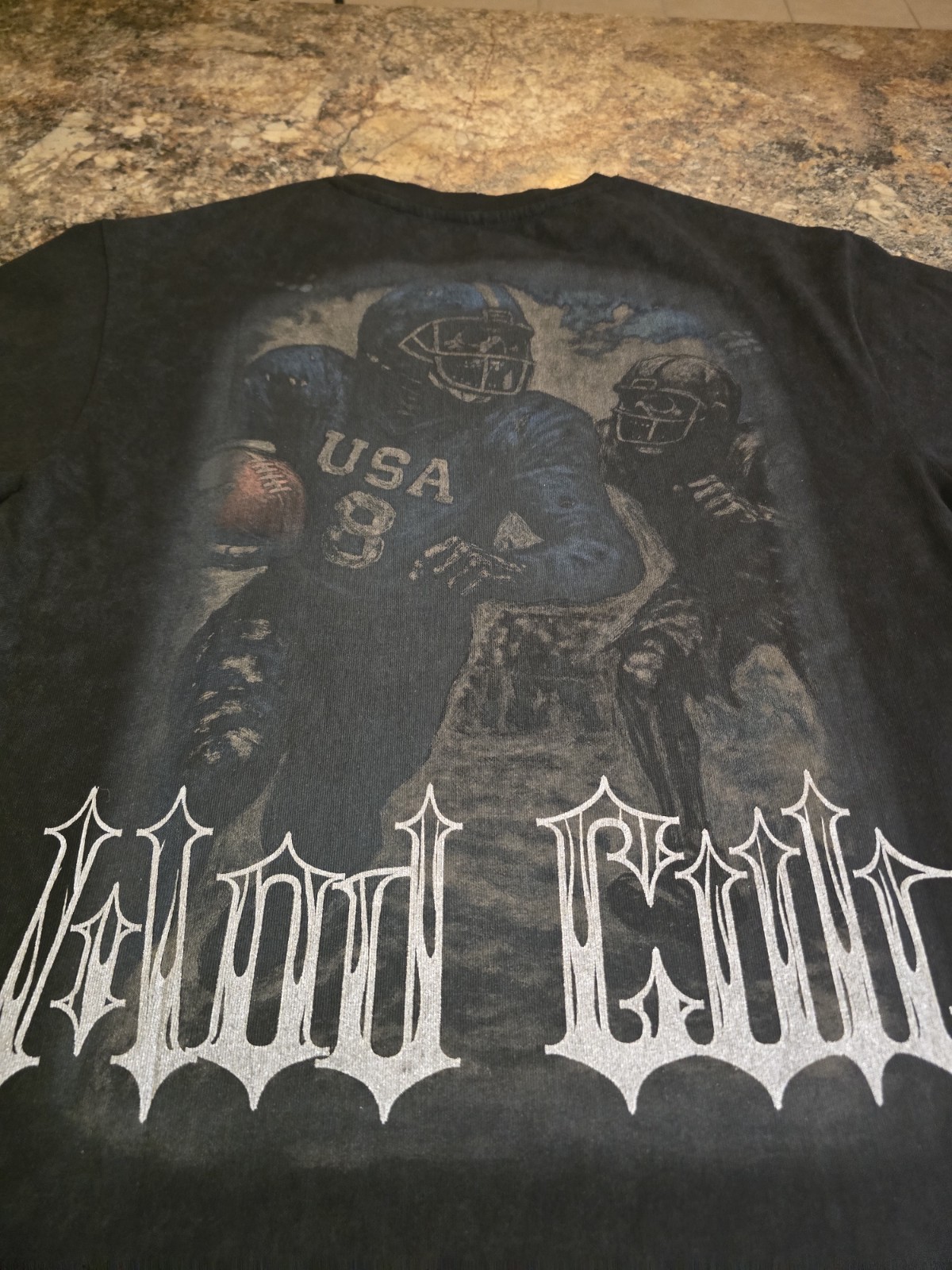 $78…Mod Cult “Football” size XL Distressed Heavyweight T-shirt Black.
