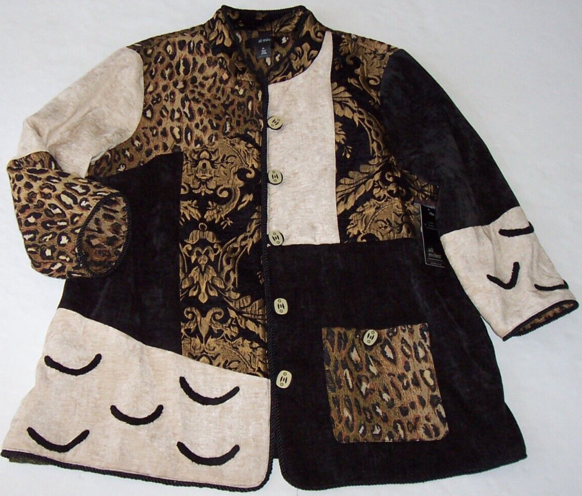 NWT Ali Miles Black/Brown/Beige MIXED TEXTURE Button Jacket L LEOPARD/Chenille