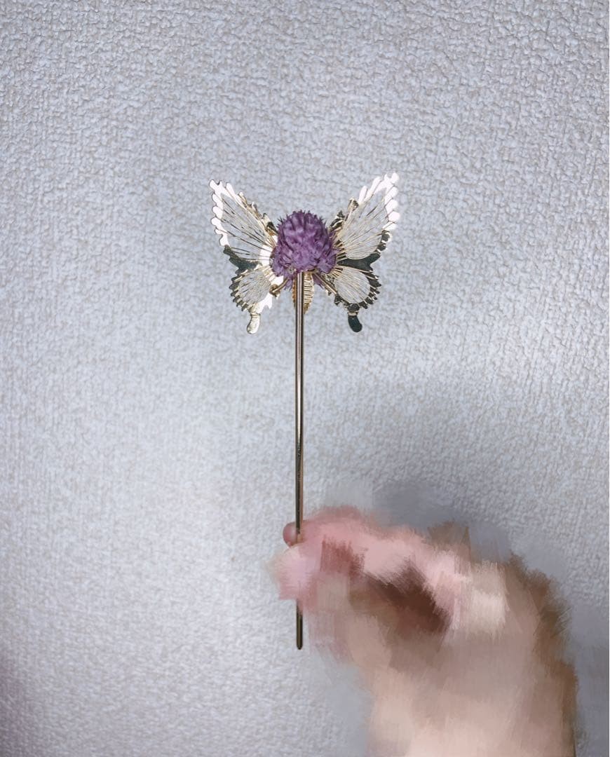 Butterfly Hairpin with Purple Enamel Flowers – Gold Tone Jewelry Accessory
