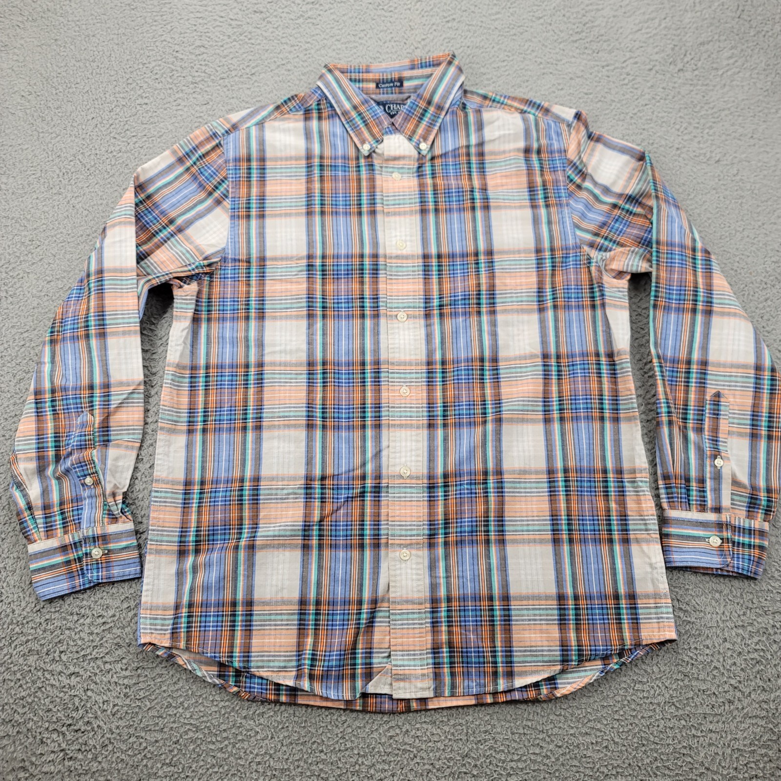 Chaps Shirt Mens Medium Tan Orange Blue Green Custom Fit Long Sleeve Button Down