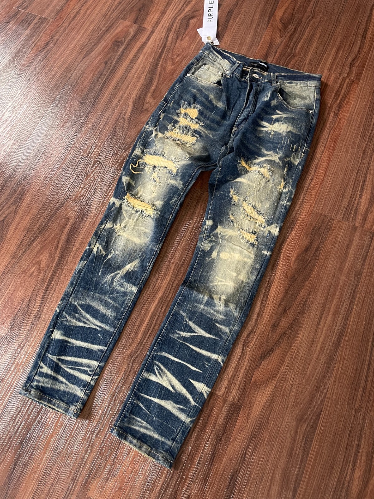 NEW purple Brand Bleached Distressed Jeans Frayed Blue Straight Fit