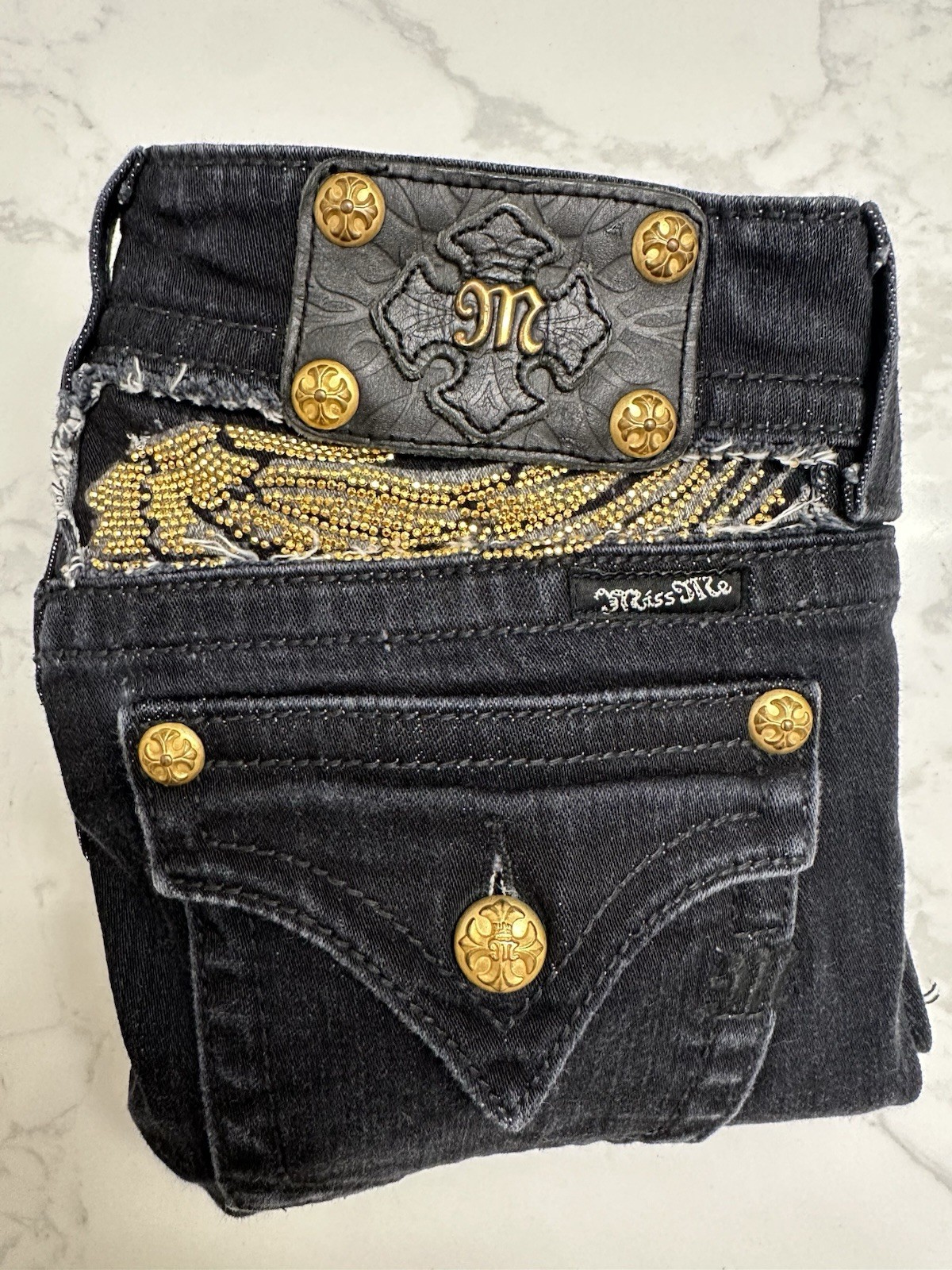 Miss Me Women Bootcut Jeans Black Dark Wash Low Rise Stretch Rhinestone 28