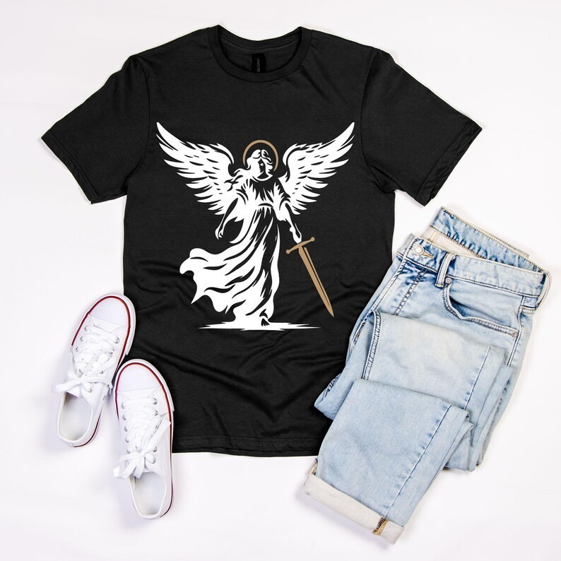 Archangel Michael Warrior T-Shirt | Angel Christian Black Gold Line Art Faith Te