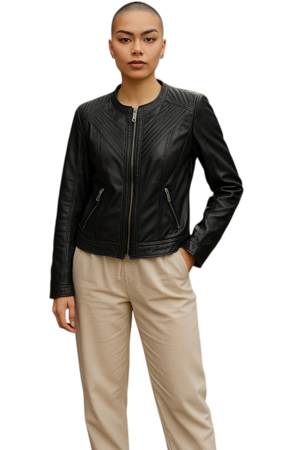 Buckle Black Jacket size L zip front, pockets & cuffs faux leather