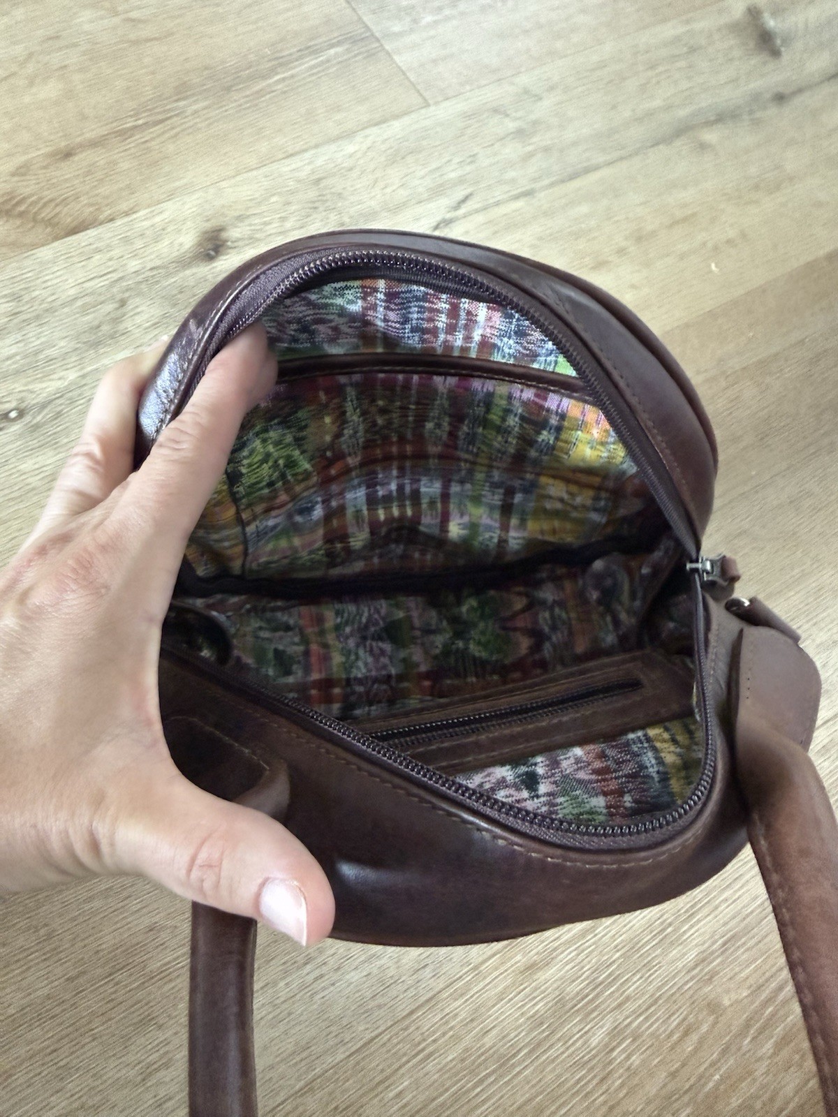 Brown Multicolor Geometric Round Crossbody Bag Zip Top Tassel Detachable Strap