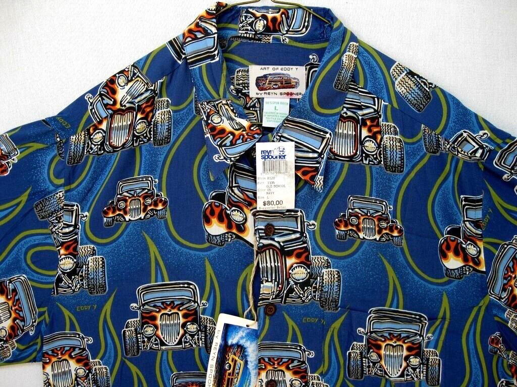 NEW REYN SPOONER BEAUTIFUL OLD SCHOOL HOTRODS STREET RODS 100% RAYON BLUE RARE L