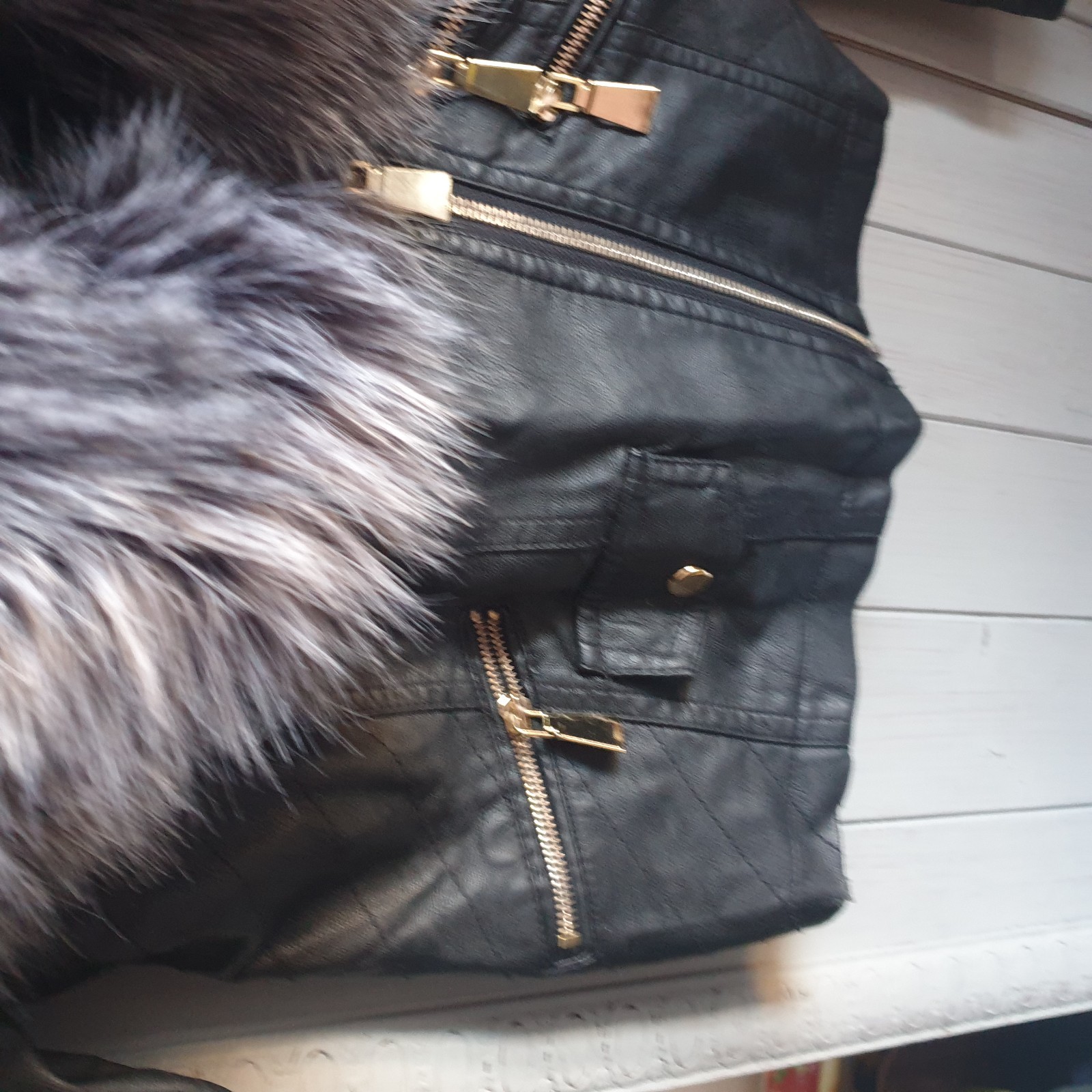 Flamant Rose Black Faux Leather Bomber Biker Jacket Sz S Grey Faux Fur Collar